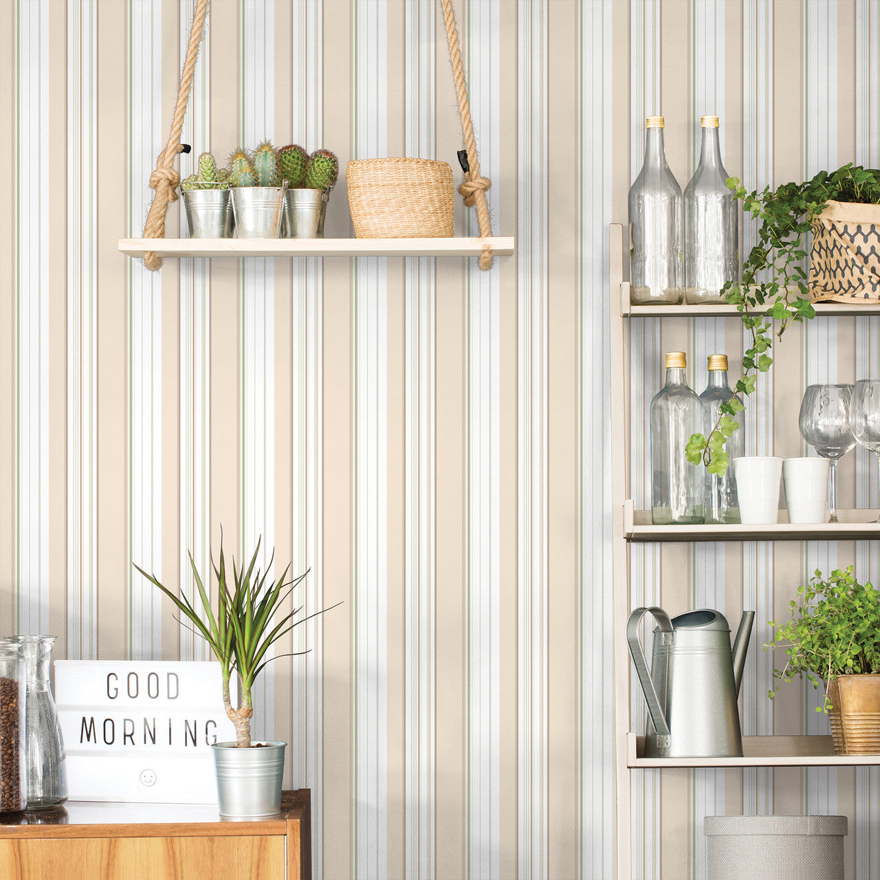 G45447 Multi Stripe Just Kitchens Taupe and Green Wallpaper By Galerie
