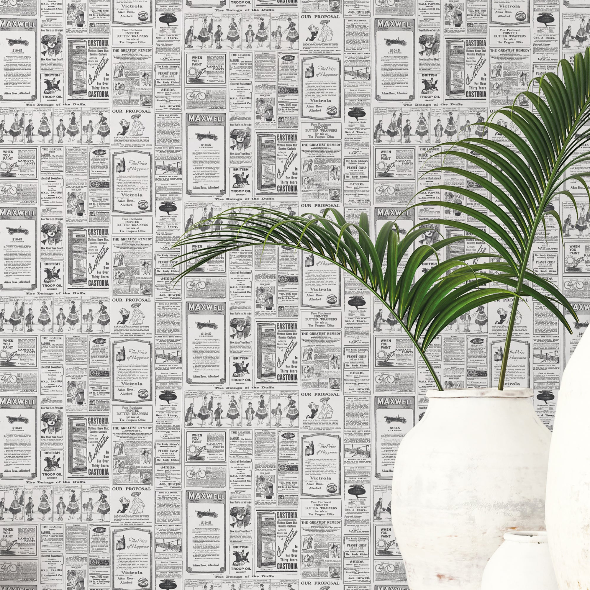 G45449 Newspaper Just Kitchens Black and White Wallpaper By Galerie