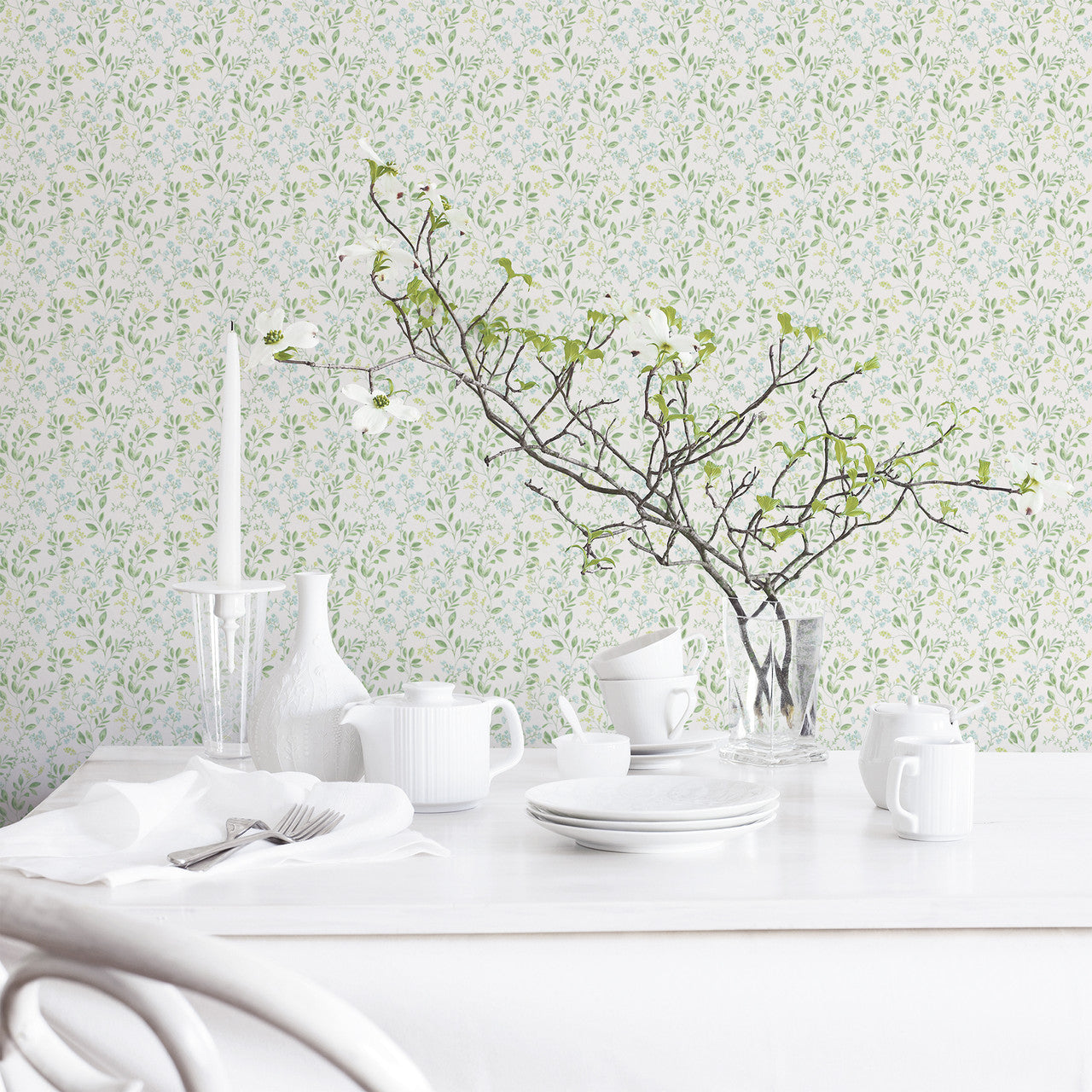 G45457 Spring leaf trail Just Kitchens Green and Blue Wallpaper By Galerie