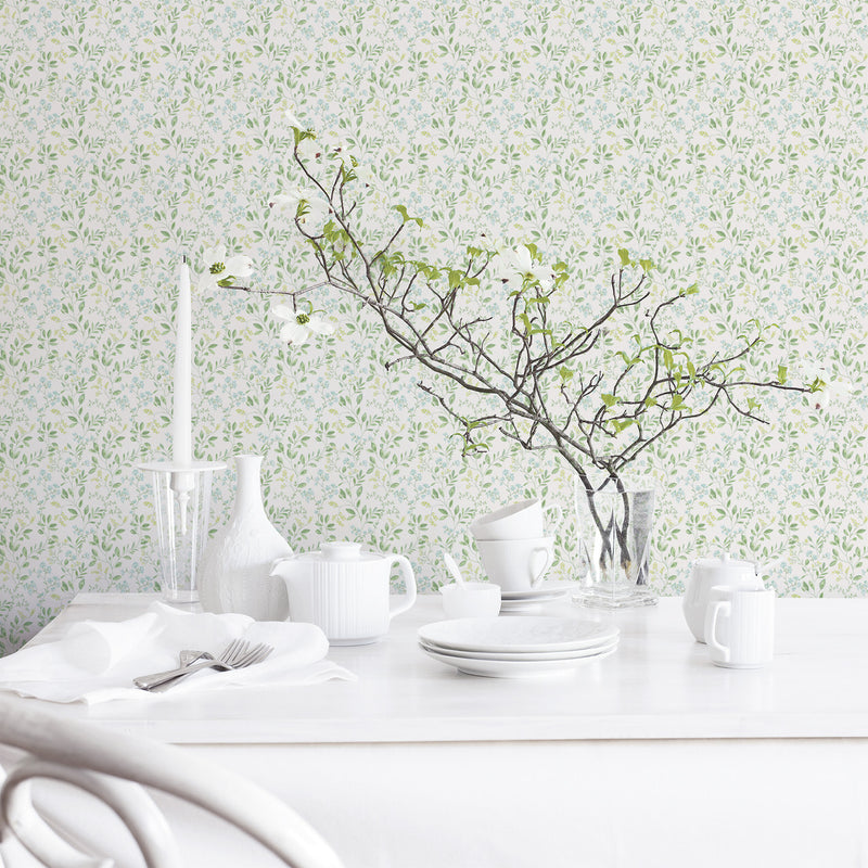 G45457 Spring leaf trail Just Kitchens Green and Blue Wallpaper By Galerie