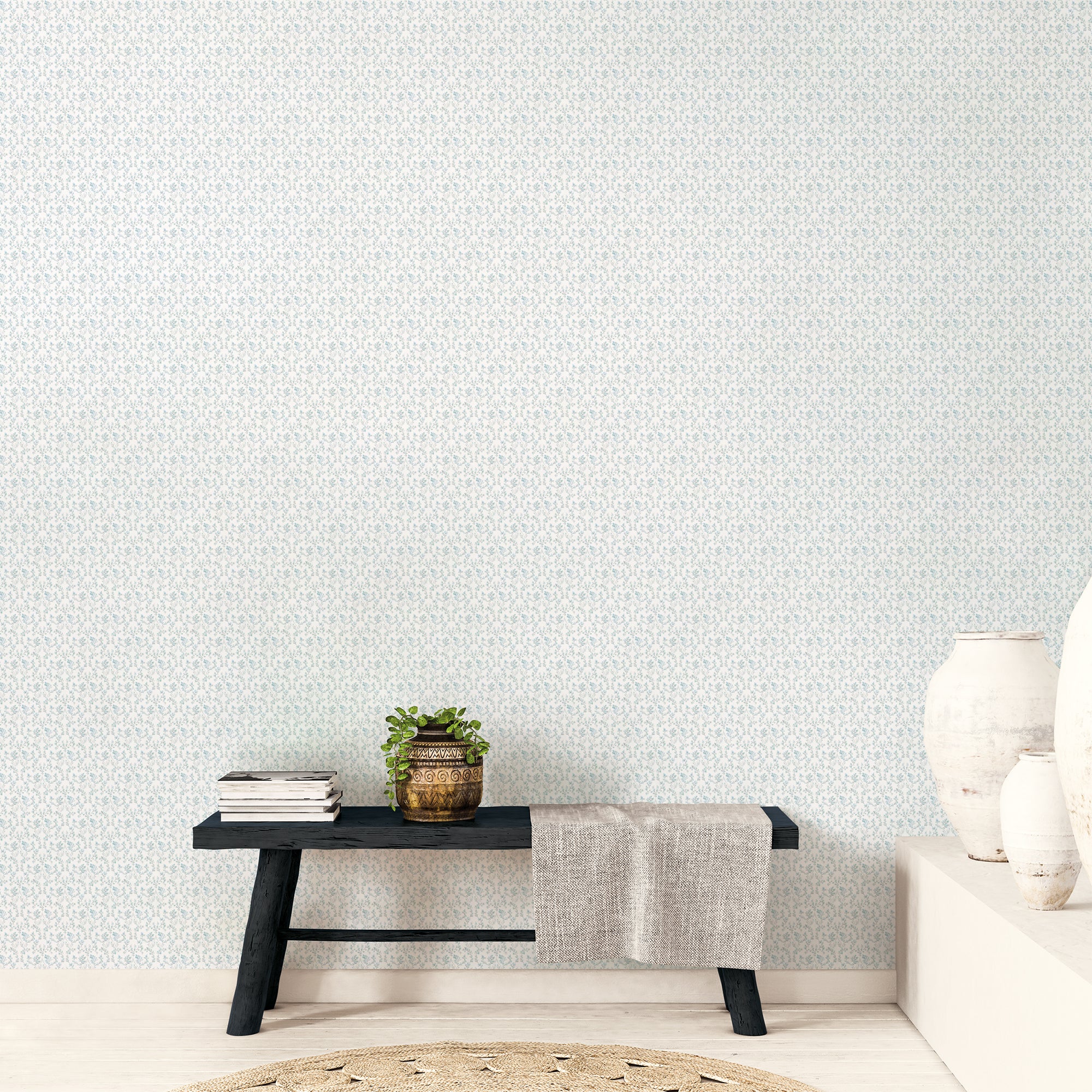 G56683 Ogee Floral Small Prints Teal, Blue and Beige Wallpaper By Galerie