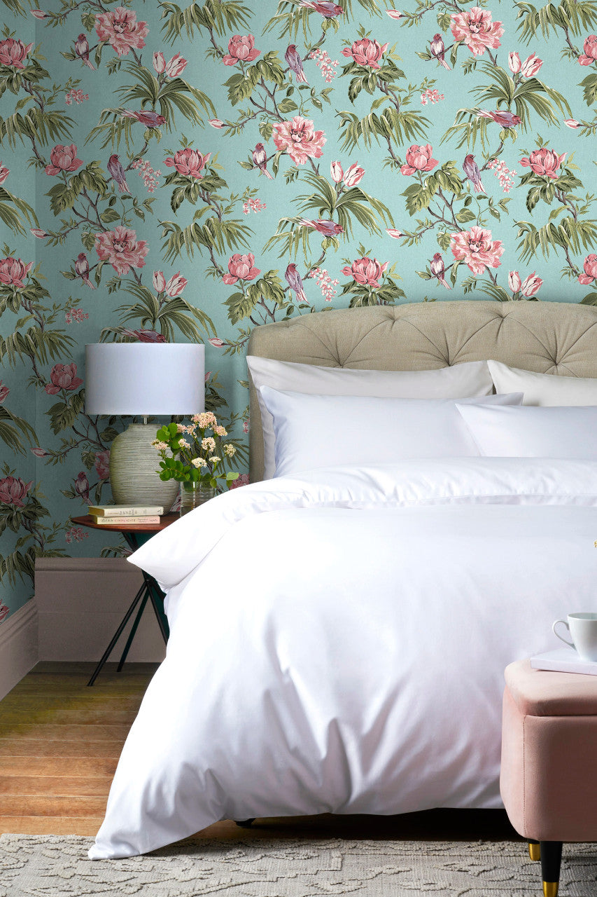 118254 Birds & Blooms Duck Egg Wallpaper by Next