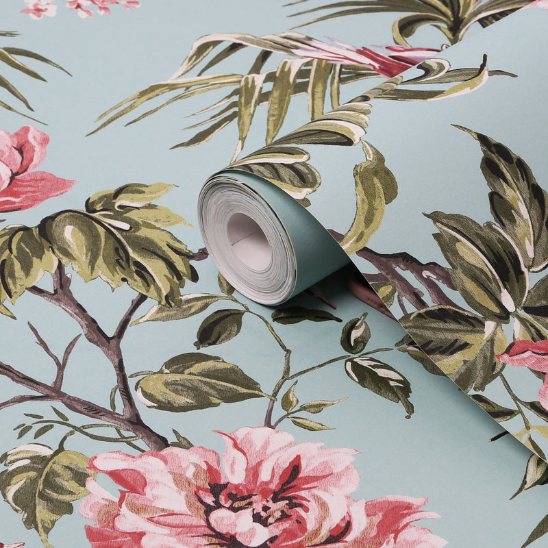 118254 Birds & Blooms Duck Egg Wallpaper by Next