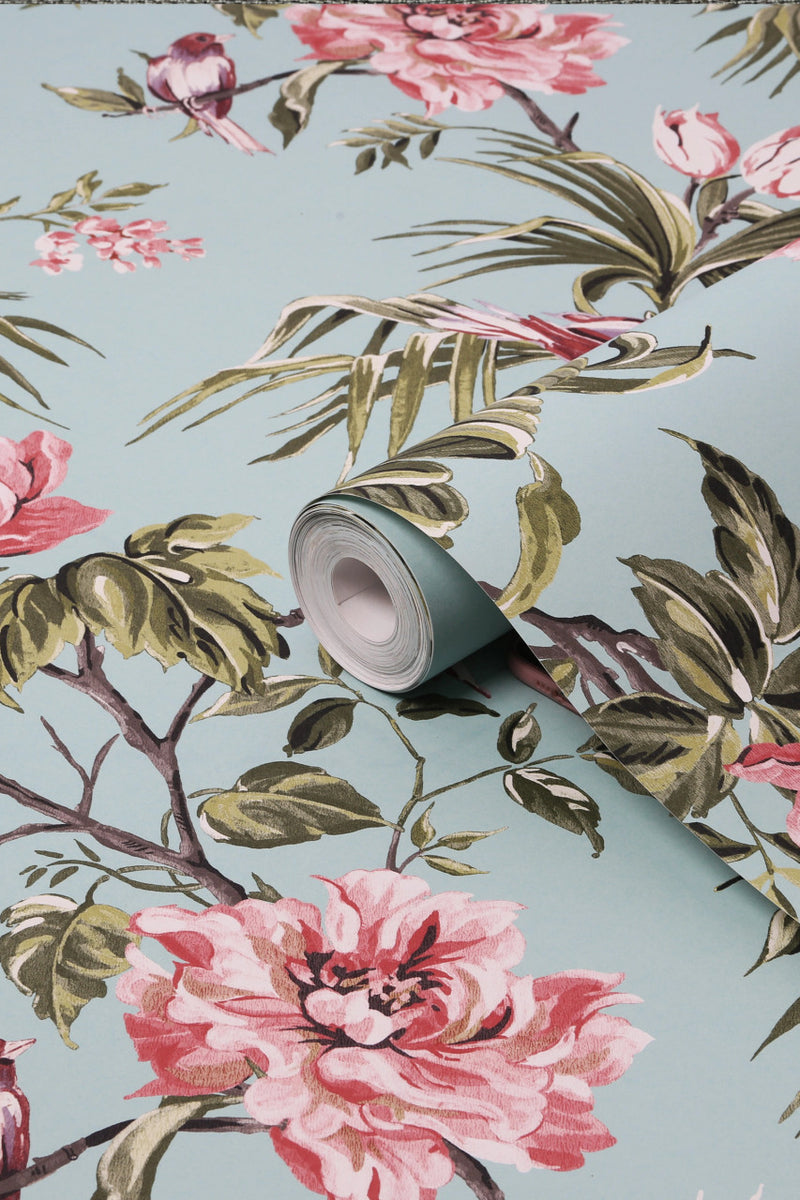 118254 Birds & Blooms Duck Egg Wallpaper by Next