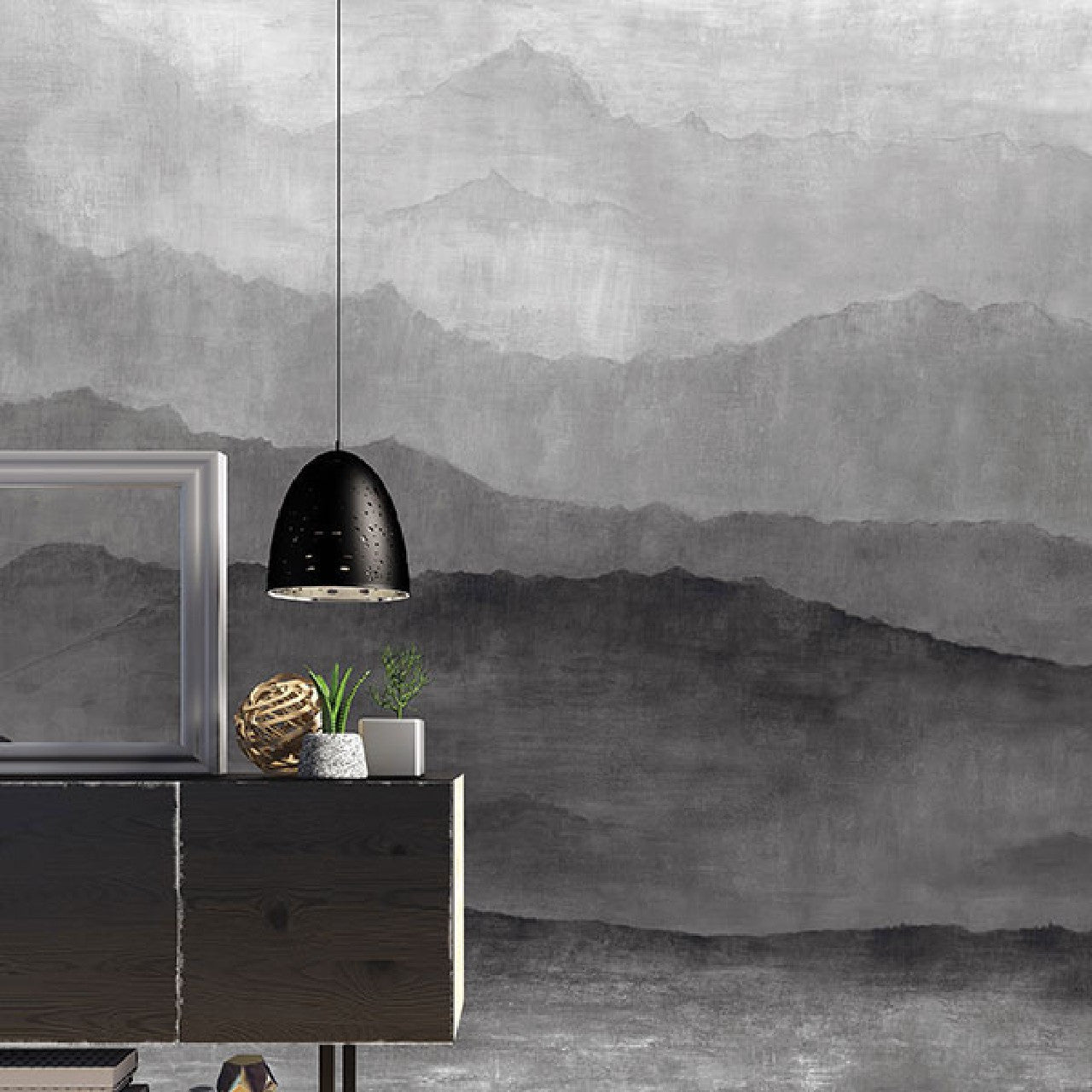 G78421 Grey Misty Mountains Mural Atmosphere Wallpaper by Galerie