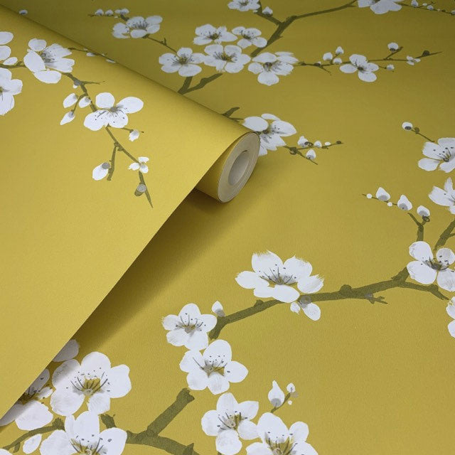 108289 Apple Blossom Ochre Fresco Wallpaper By Graham & Brown
