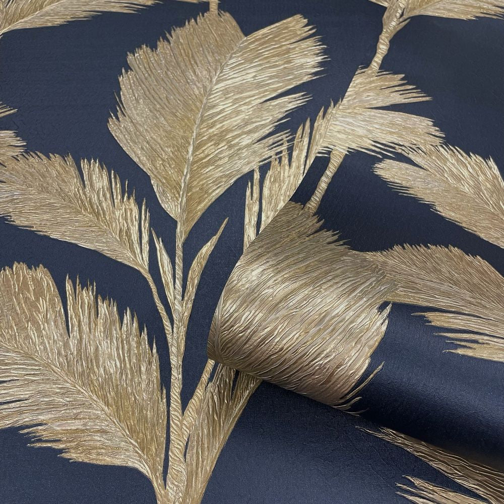 GB 213 Alessia Leaf Gold Navy Wallpaper by Belgravia