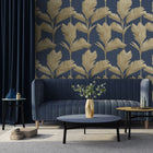 GB 213 Alessia Leaf Gold Navy Wallpaper by Belgravia
