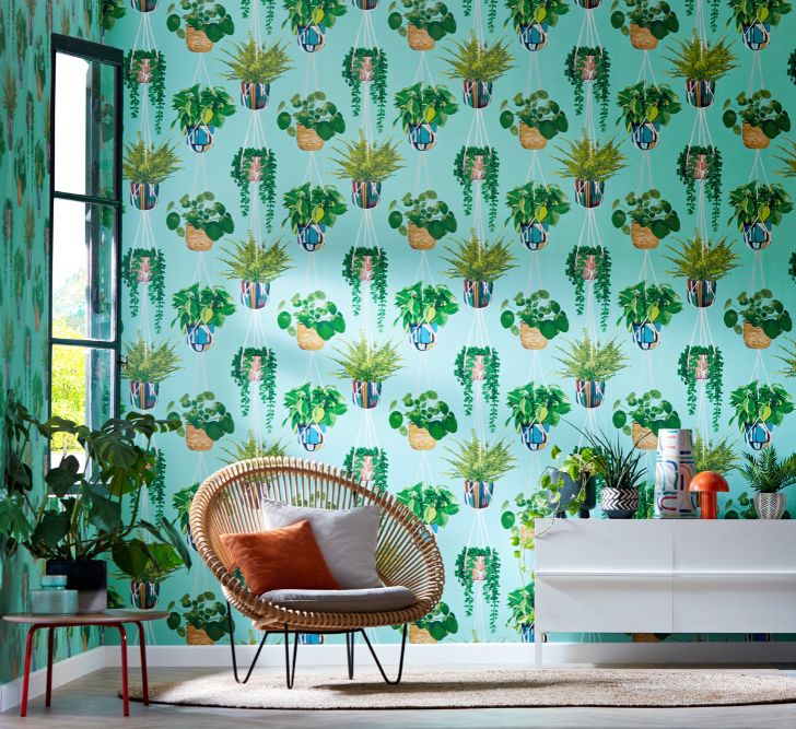 GRA50108W Houseplant Cerulean Twist Wallpaper by Ohpopsi