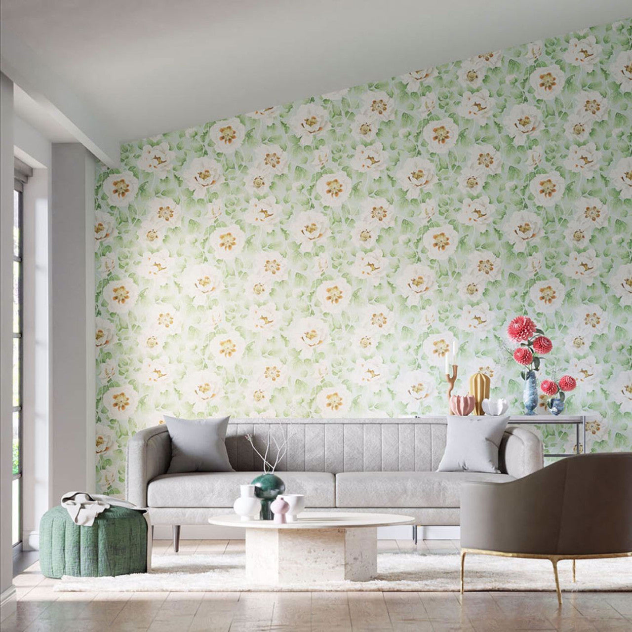 113015 Florent Colour 4 Seaglass, Clover and Rosehip Wallpaper by Harlequin