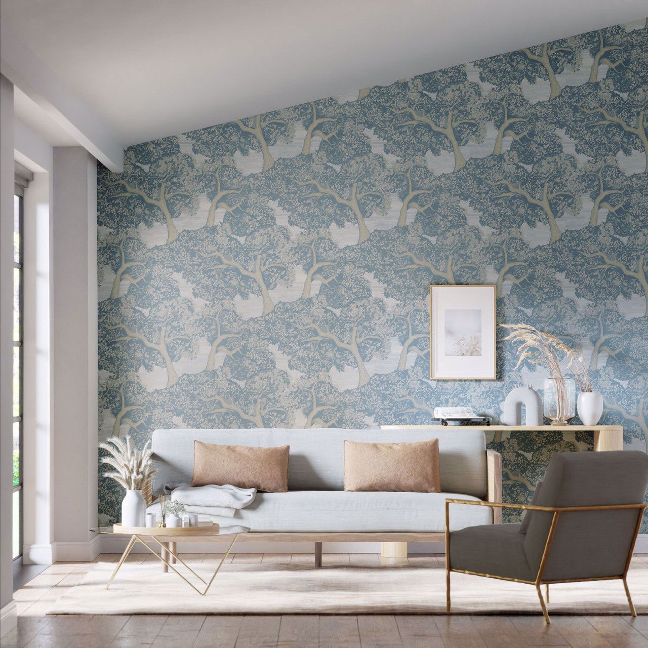 113023 Eternal Oak Colour 4 Skyblue and First Light Wallpaper by Harlequin