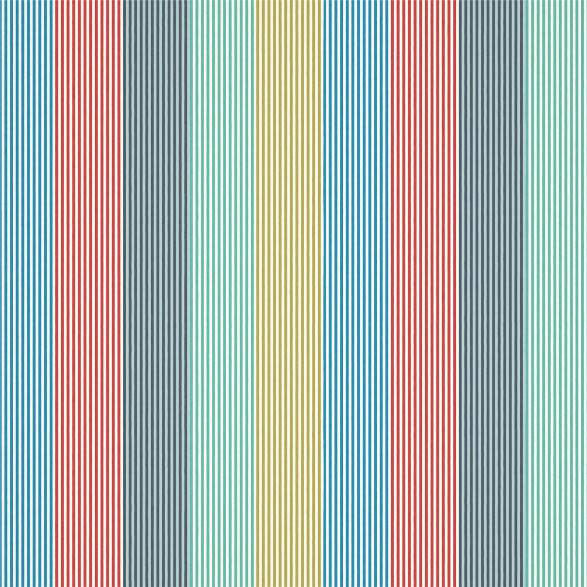 133551 Funfair Stripe Book of Little Treasures Ink Aqua Kiwi Marine Poppy Harlequin Fabric