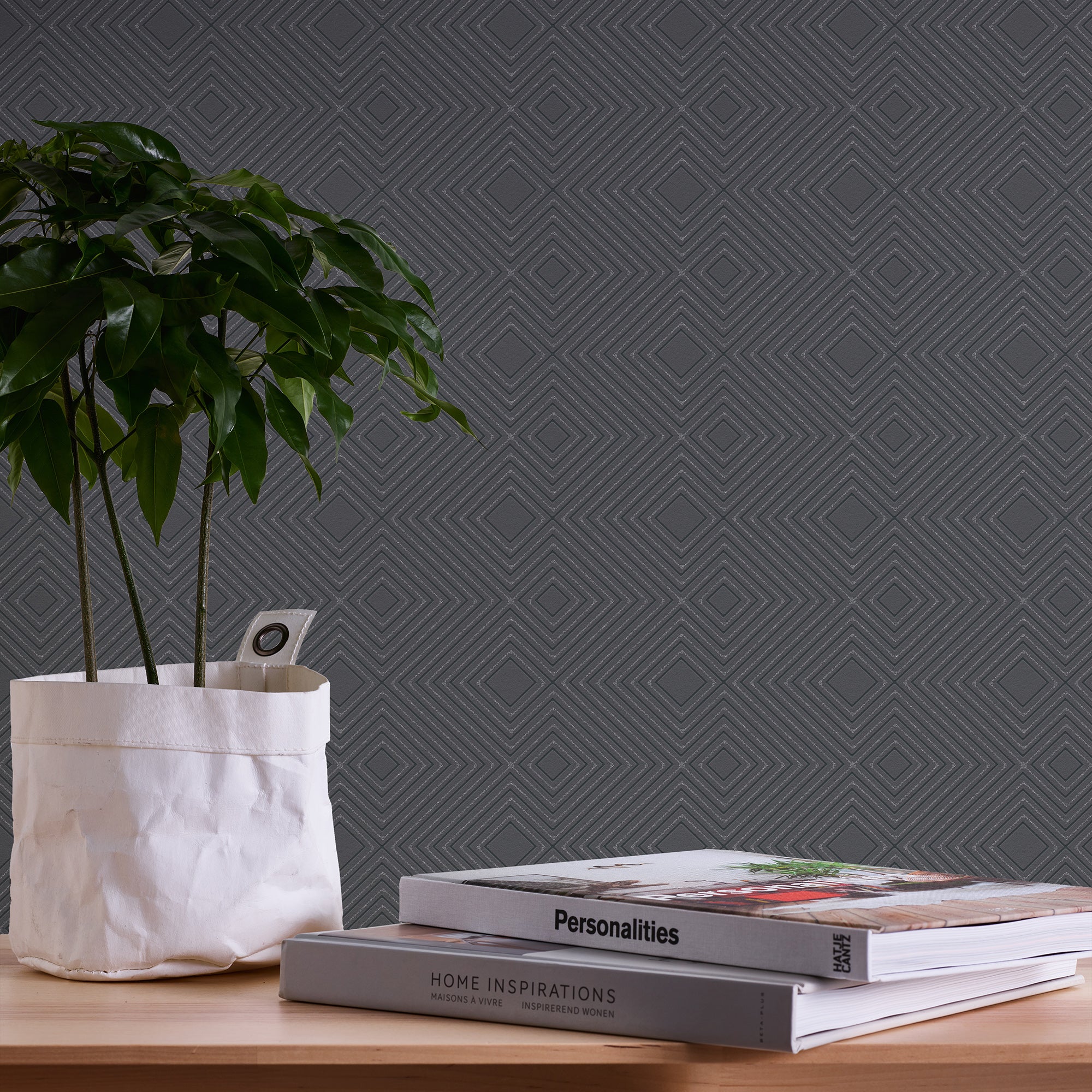 HO20002 Geo Diamond Motif Home Black Wallpaper By Galerie