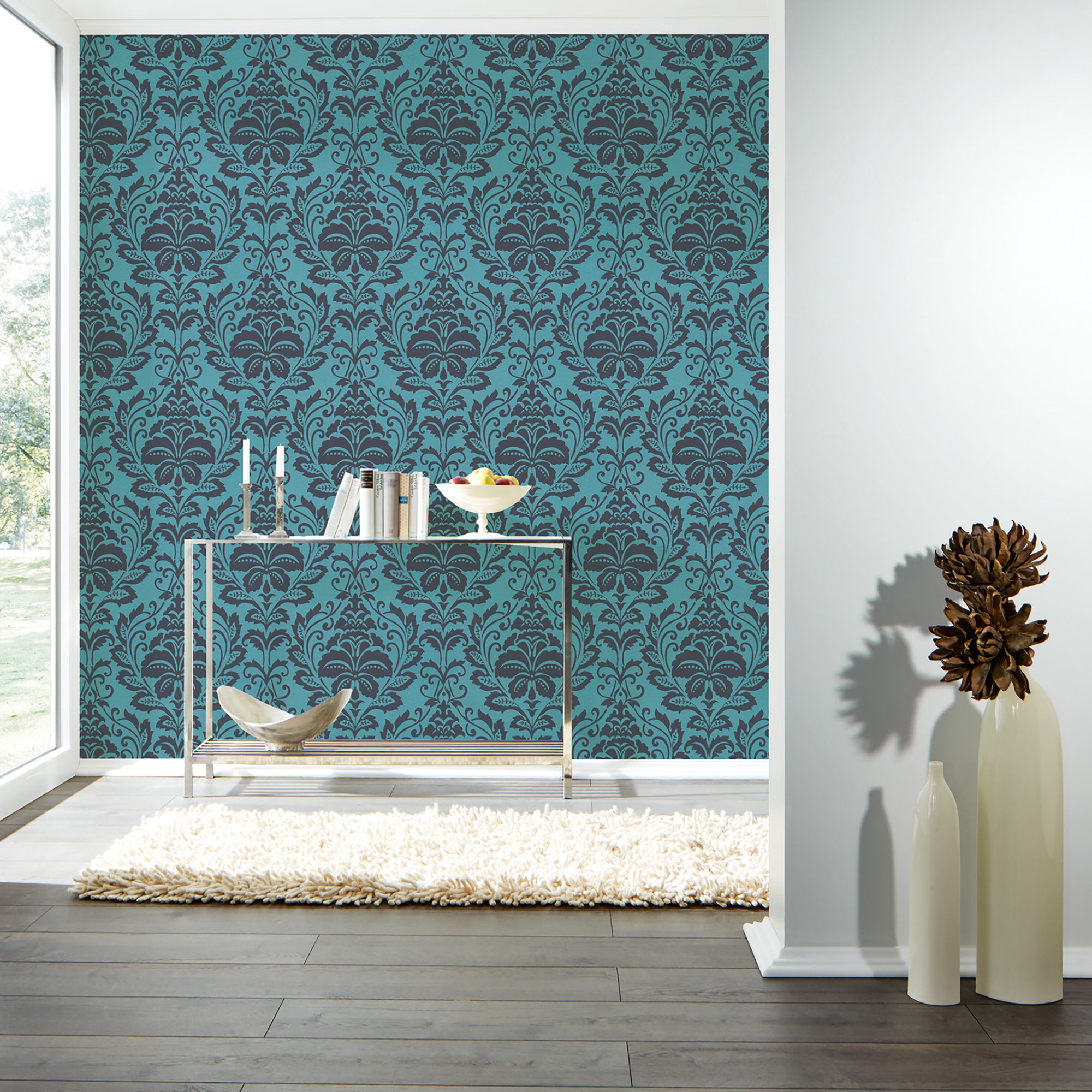 HO20023 Damask Motif Home Blue and Black Wallpaper By Galerie
