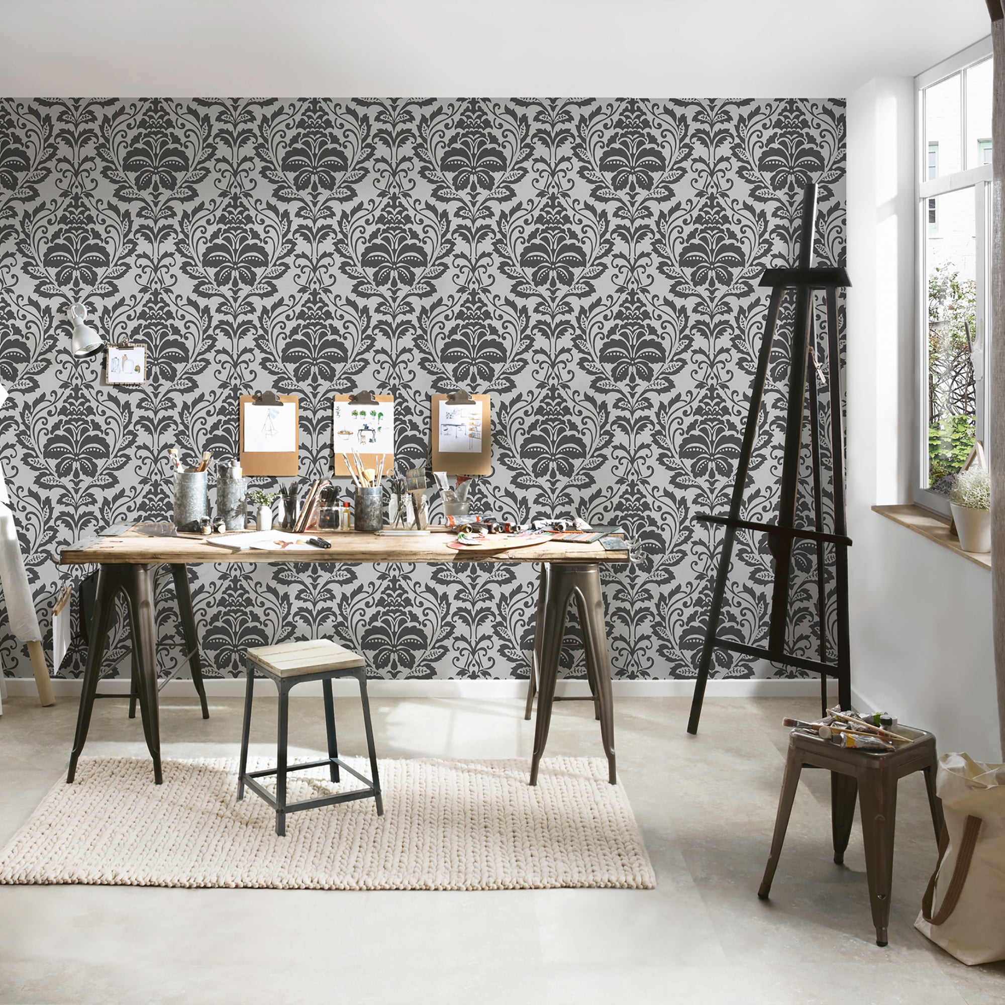 HO20024 Damask Motif Home Grey and Black Wallpaper By Galerie