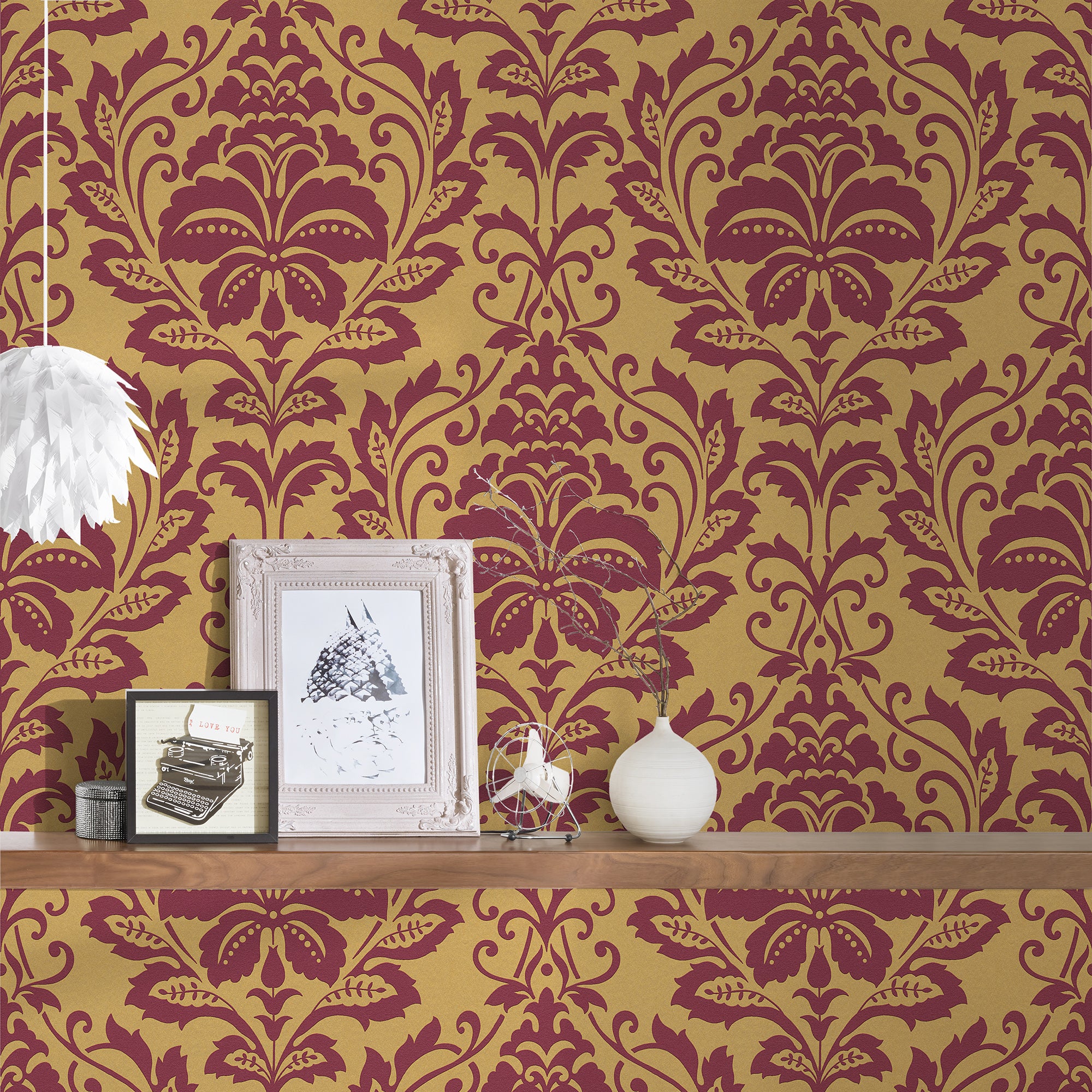 HO20027 Damask Motif Home Orange and Red Wallpaper By Galerie
