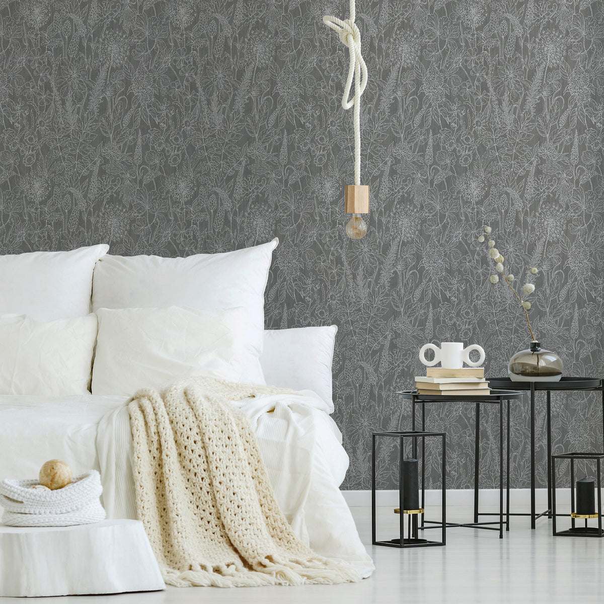 Floral Motif Home Dark Grey and White Wallpaper By Galerie