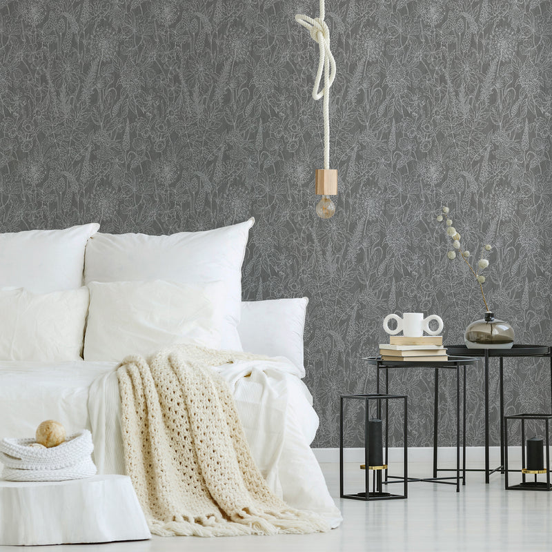 HO20048 Floral Motif Home Dark Grey and White Wallpaper By Galerie