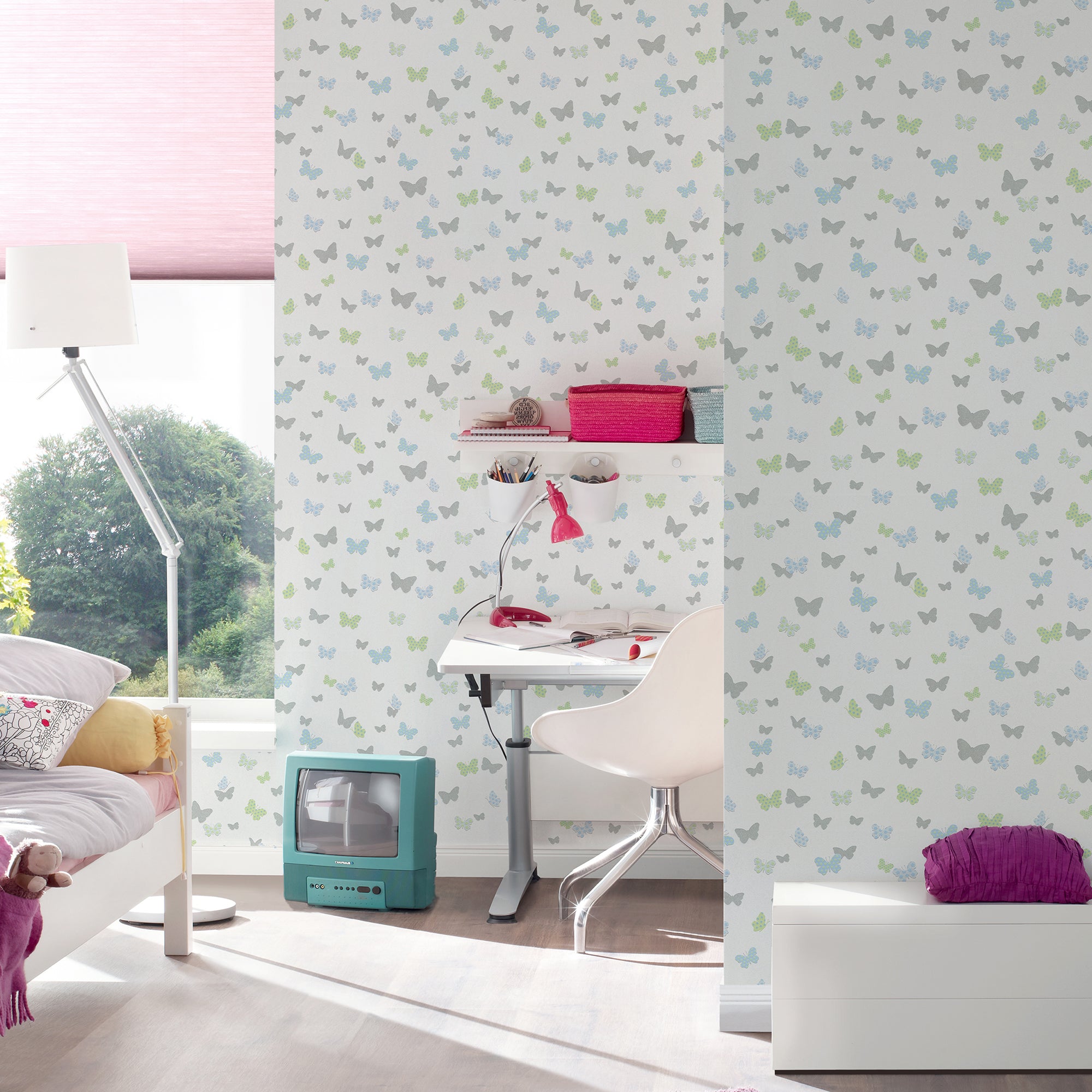 HO20062 Butterfly Motif Home Blue, Green, Grey and White Wallpaper By Galerie