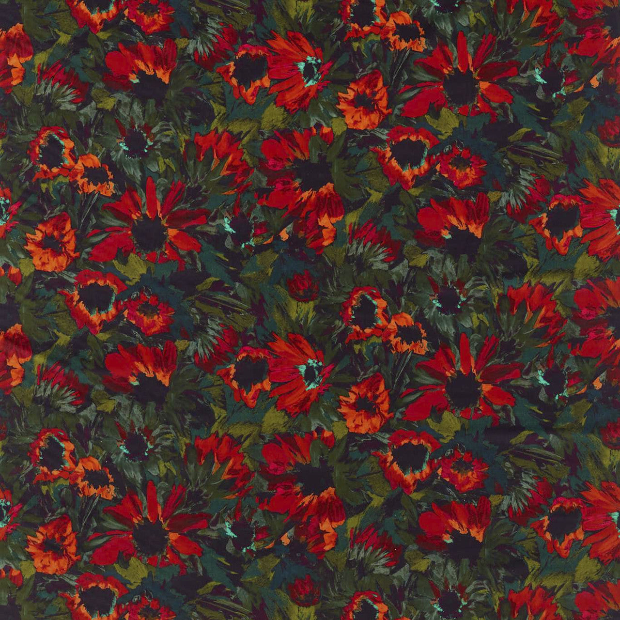 121075 Helianthus Colour 2 Vermilion Harissa Fig Leaf Harlequin Fabric