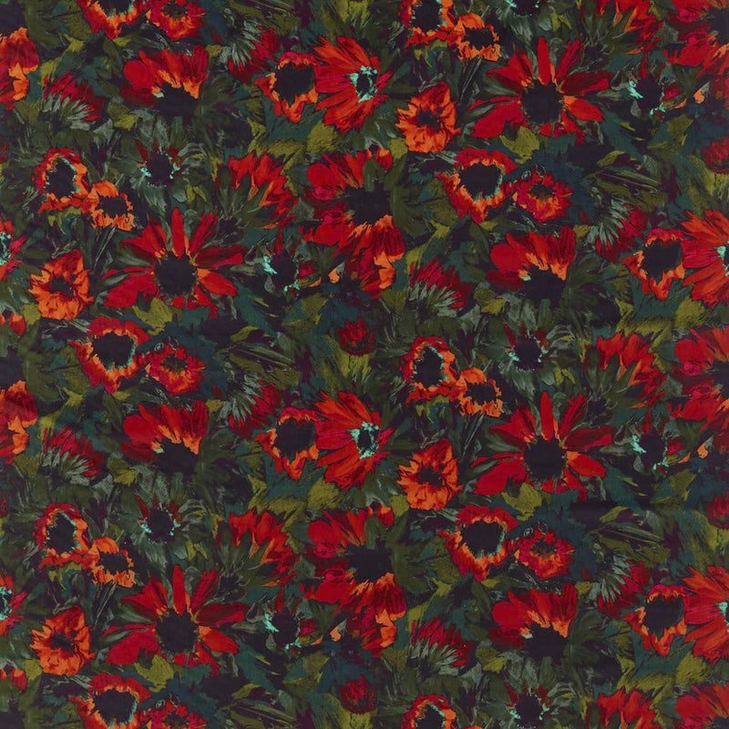 121075 Helianthus Colour 2 Vermilion Harissa Fig Leaf Harlequin Fabric