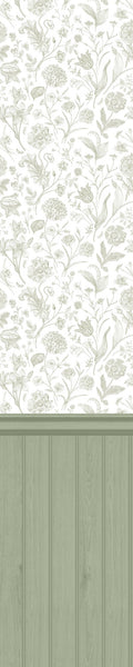 Tongue And Groove Floral Toile Sage Slat Walls Wallpaper by Hoopla Walls