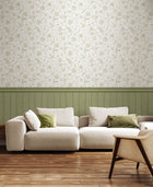 HWA1480W Tongue And Groove Floral Toile Sage Slat Walls Wallpaper by Hoopla Walls