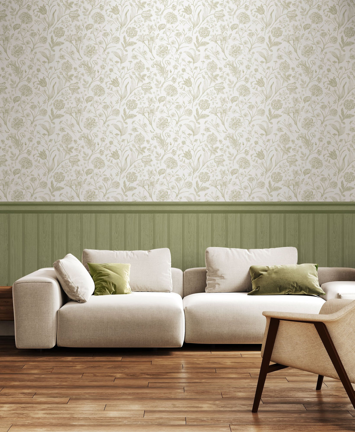 Tongue And Groove Floral Toile Sage Slat Walls Wallpaper by Hoopla Walls