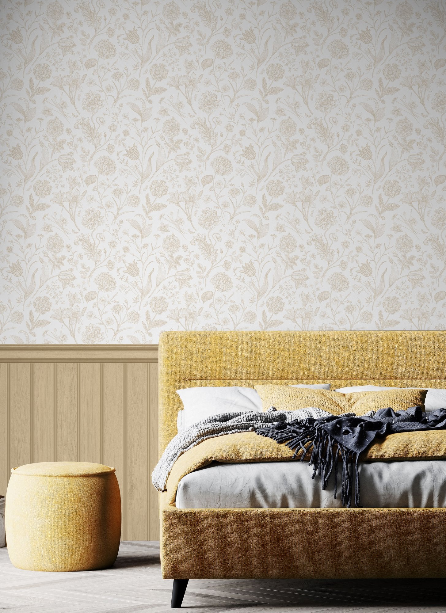 HWA1482W Tongue And Groove Floral Toile Sand Slat Walls Wallpaper by Hoopla Walls