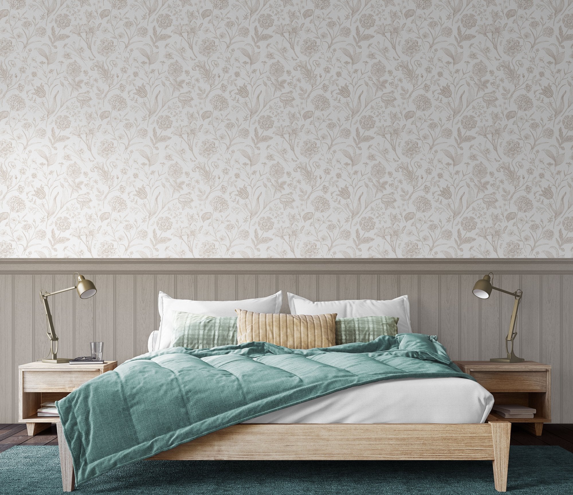 HWA1484W Tongue And Groove Floral Toile Mink Slat Walls Wallpaper by Hoopla Walls