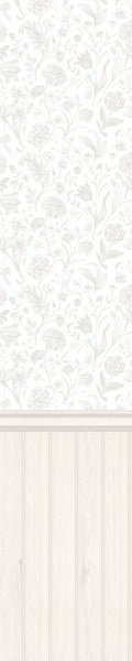 Tongue And Groove Floral Toile Washed White Slat Walls Wallpaper by Hoopla Walls