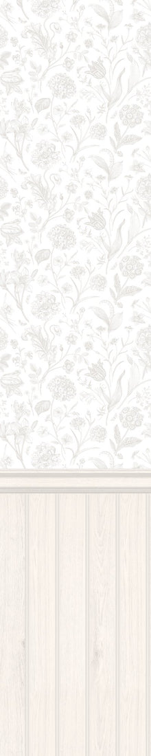 HWA1485W Tongue And Groove Floral Toile Washed White Slat Walls Wallpaper by Hoopla Walls