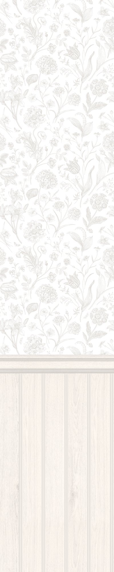 HWA1485W Tongue And Groove Floral Toile Washed White Slat Walls Wallpaper by Hoopla Walls