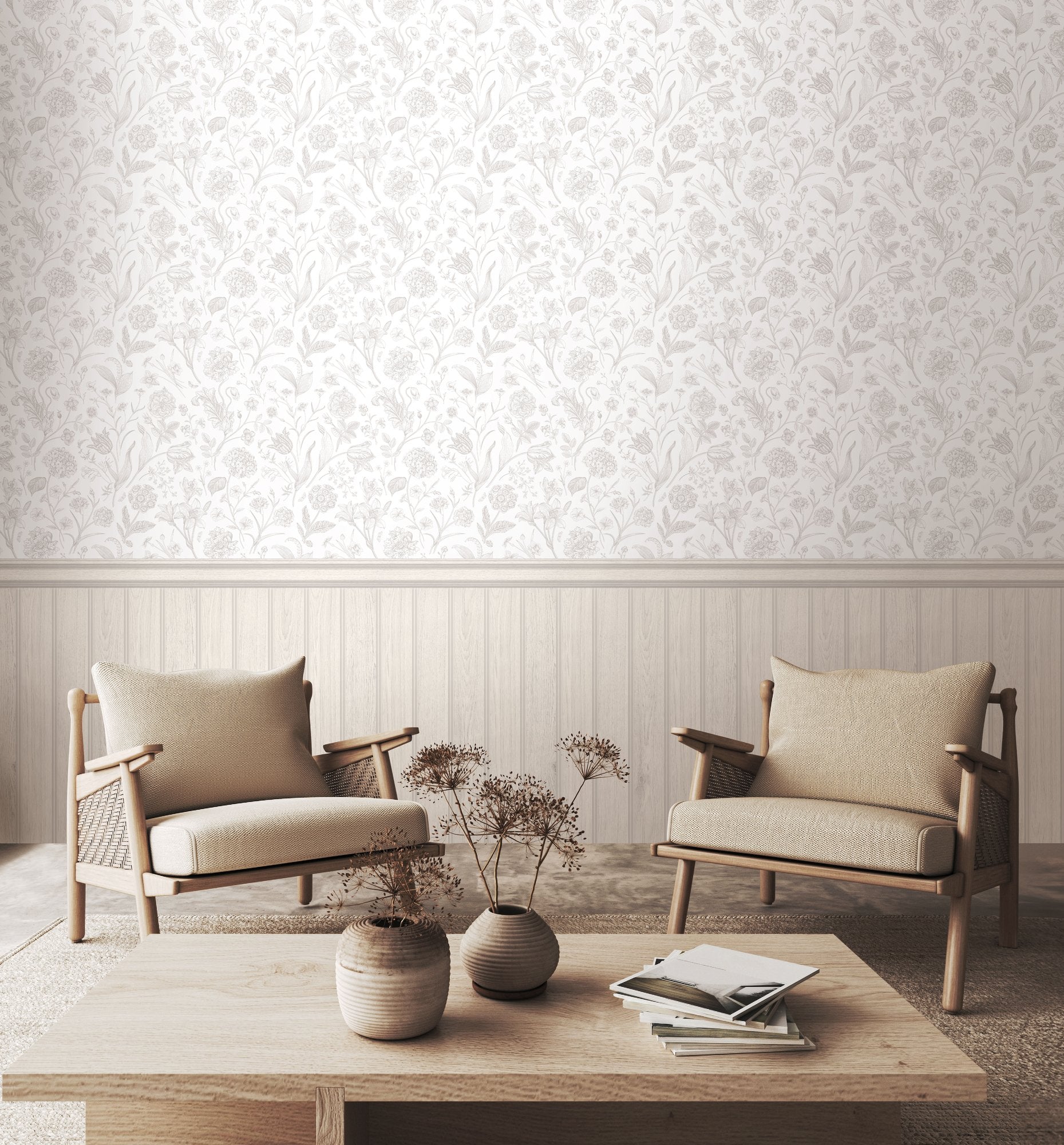 HWA1485W Tongue And Groove Floral Toile Washed White Slat Walls Wallpaper by Hoopla Walls