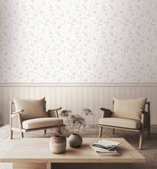 HWA1485W Tongue And Groove Floral Toile Washed White Slat Walls Wallpaper by Hoopla Walls