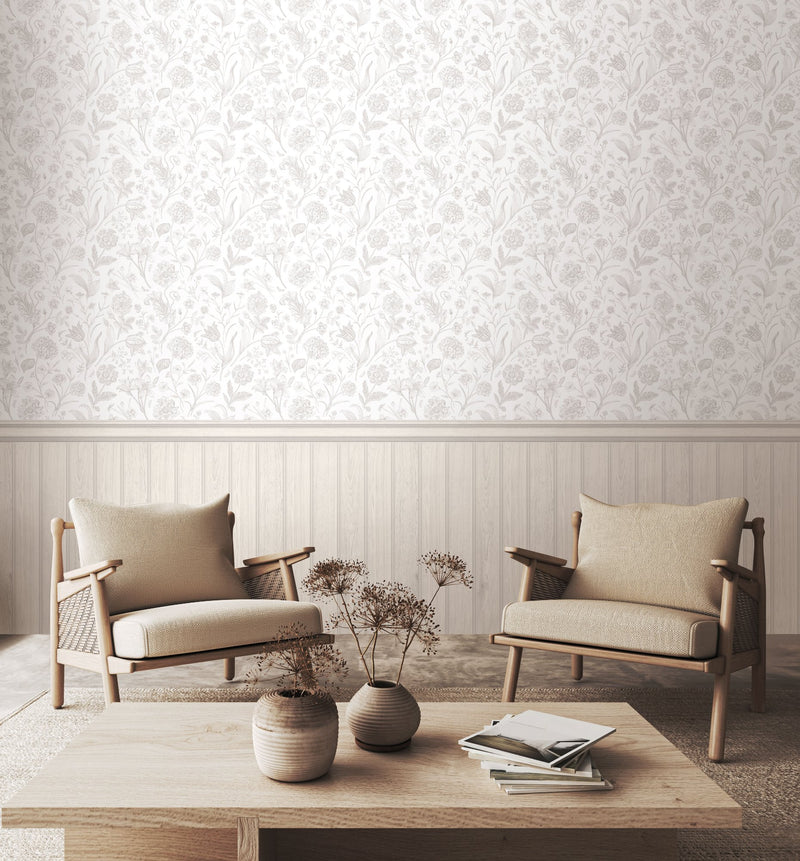 HWA1485W Tongue And Groove Floral Toile Washed White Slat Walls Wallpaper by Hoopla Walls
