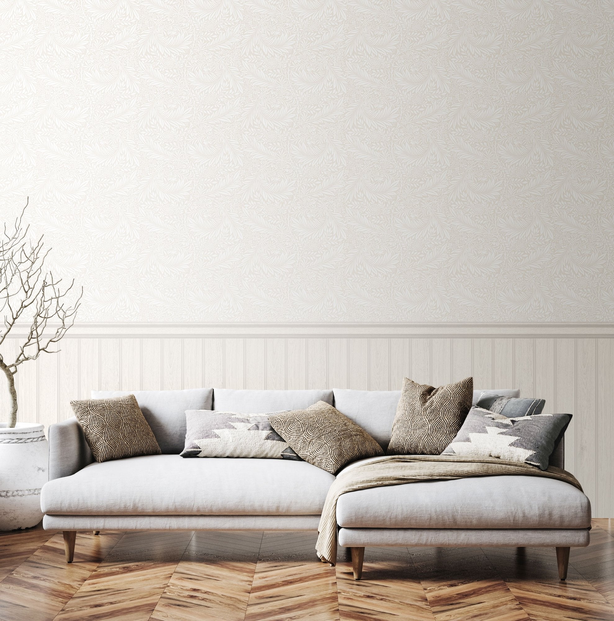 HWA1491W Tongue And Groove Fern Washed White Slat Walls Wallpaper by Hoopla Walls