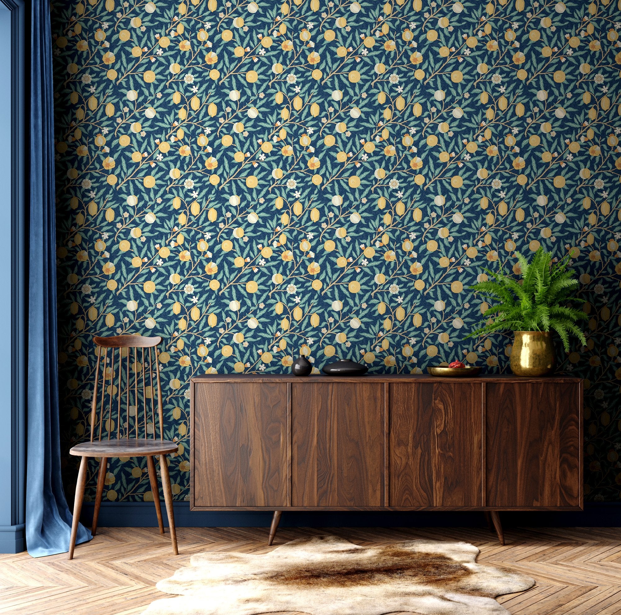 HWA1508W Fruit & Foliage Ink & Gold Eden II Wallpaper by Hoopla Walls
