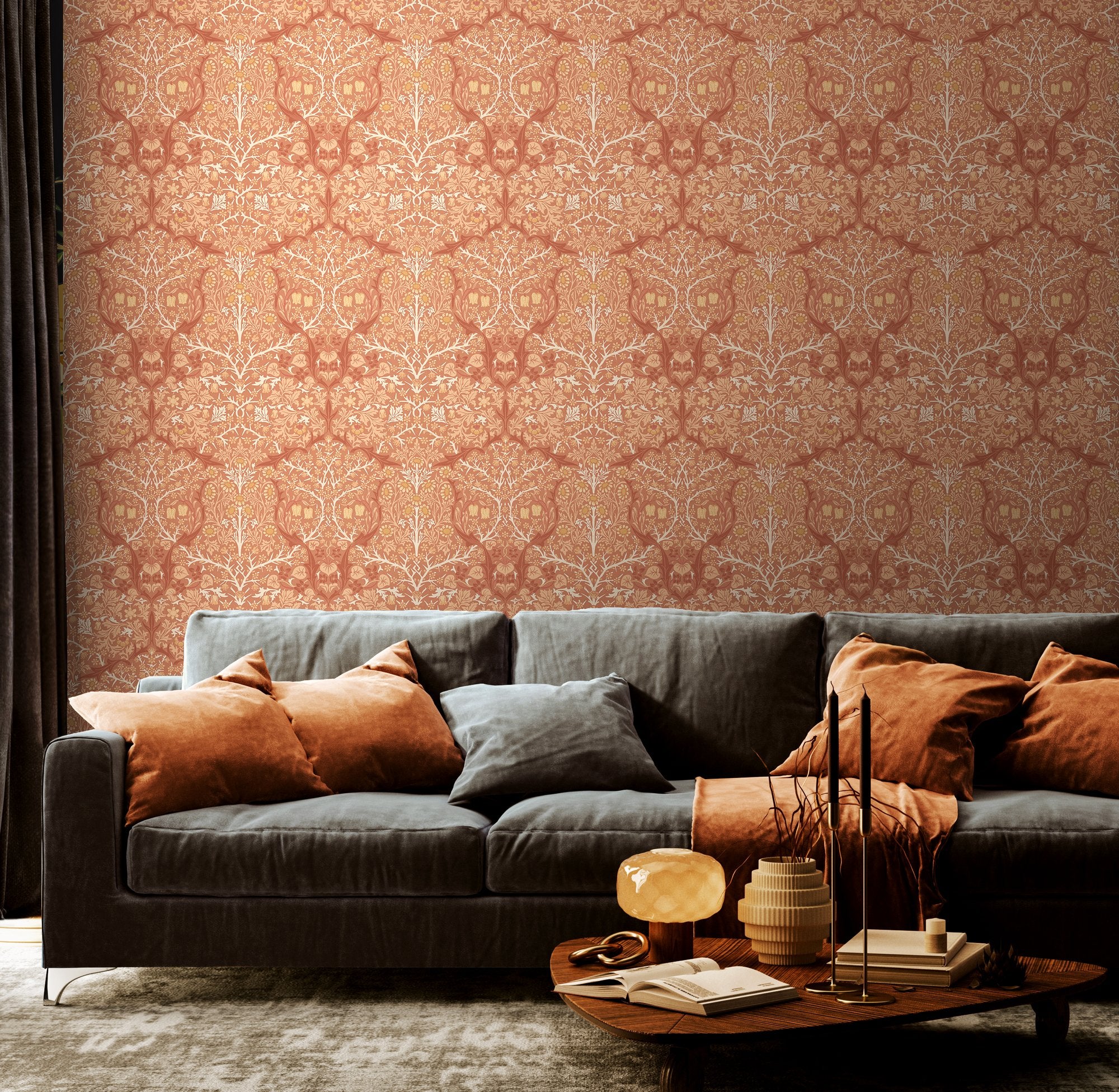 HWA1528W Blackthorn Damask Terracotta Eden II Wallpaper by Hoopla Walls