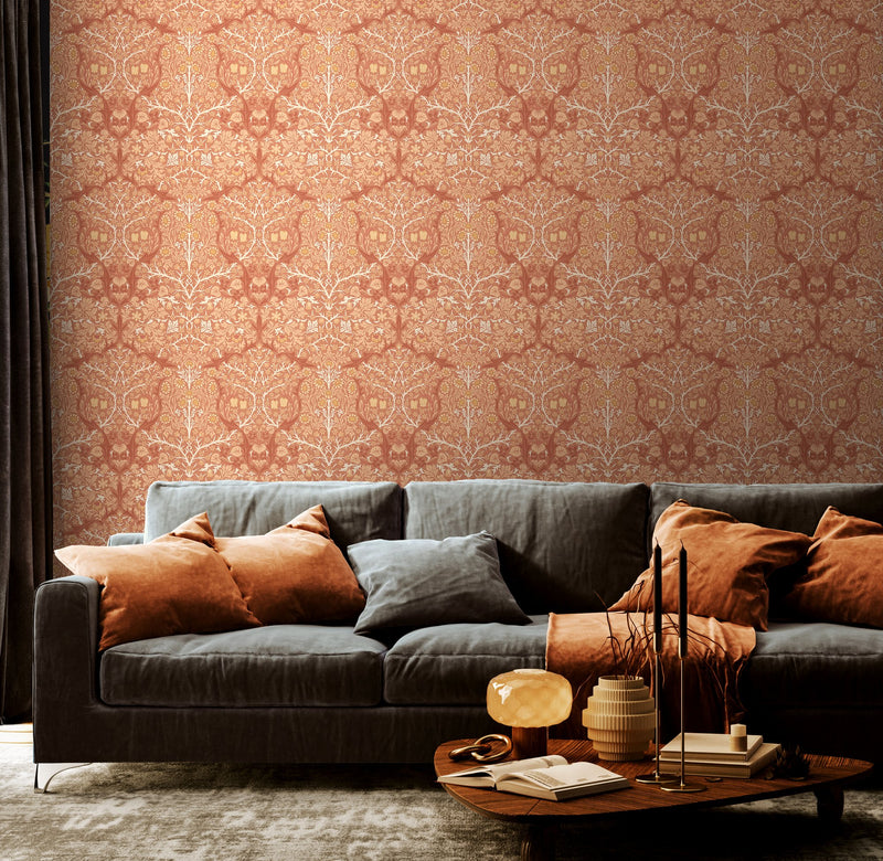 HWA1528W Blackthorn Damask Terracotta Eden II Wallpaper by Hoopla Walls