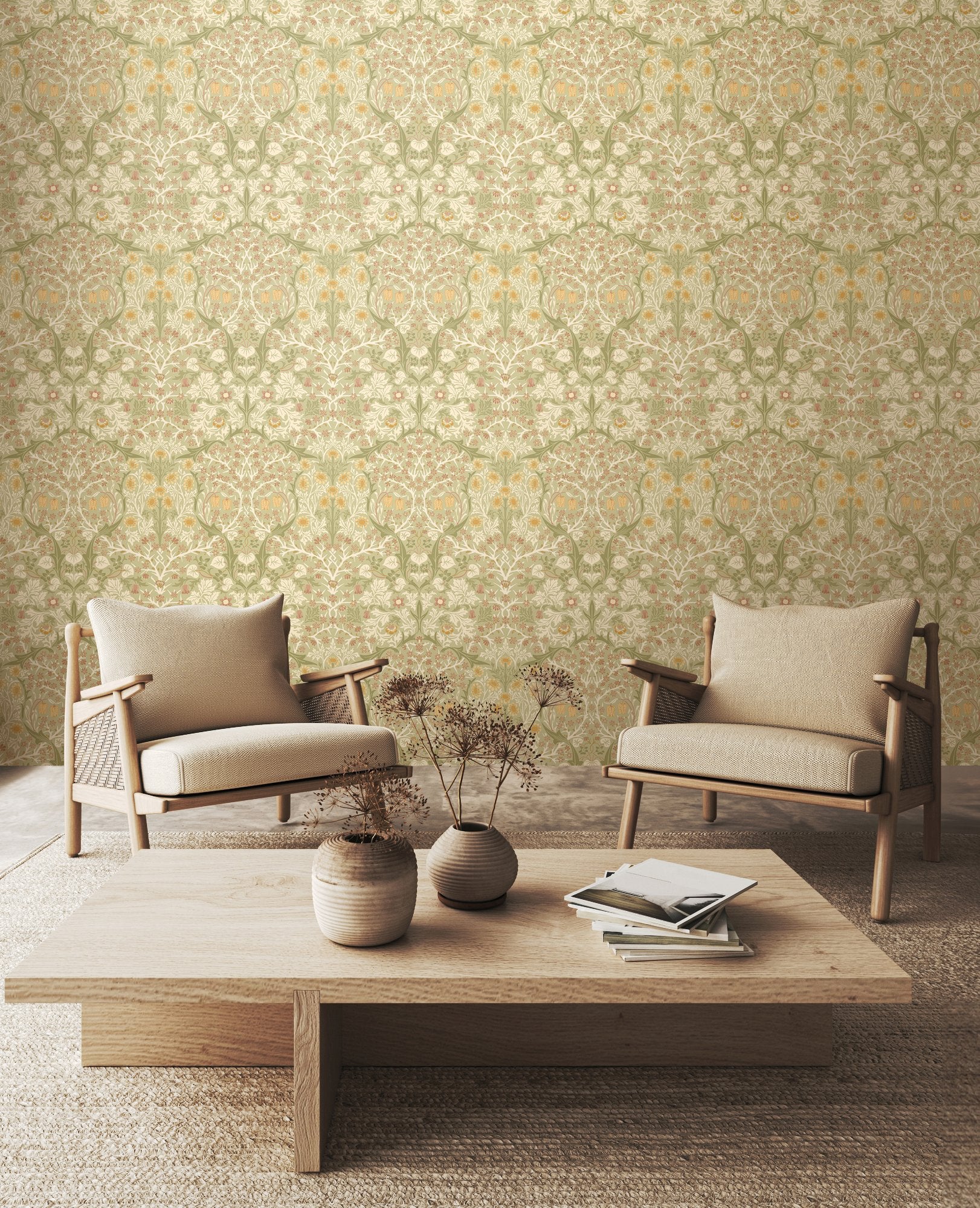 HWA1529W Blackthorn Damask Olive & Clay Eden II Wallpaper by Hoopla Walls