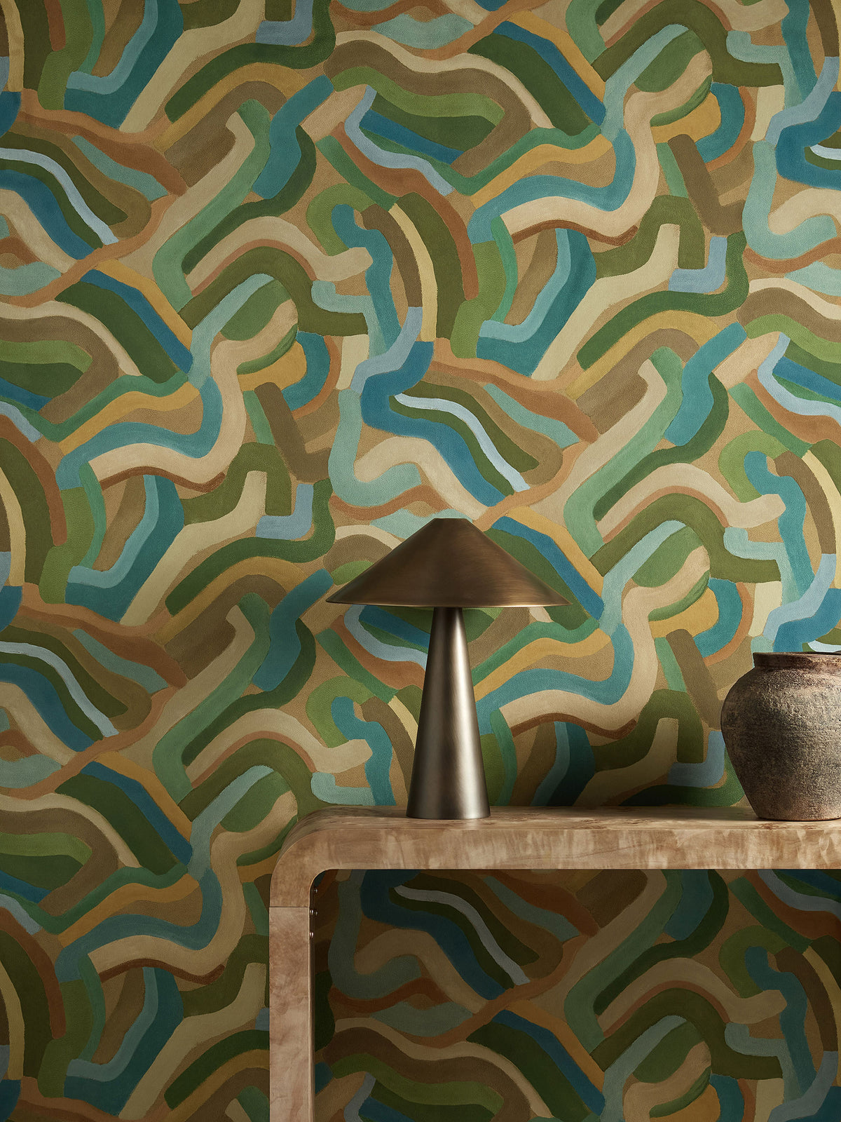 Spiralis Ochre/Turquoise/Forest Zamora Wallpaper by Harlequin