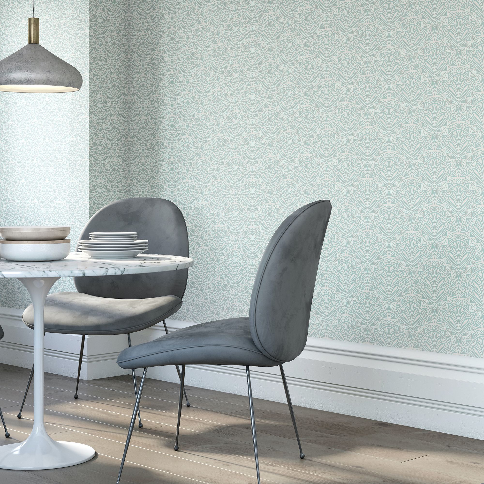HWA1025W Deco Fan Blue Wallpaper by Hoopla Walls
