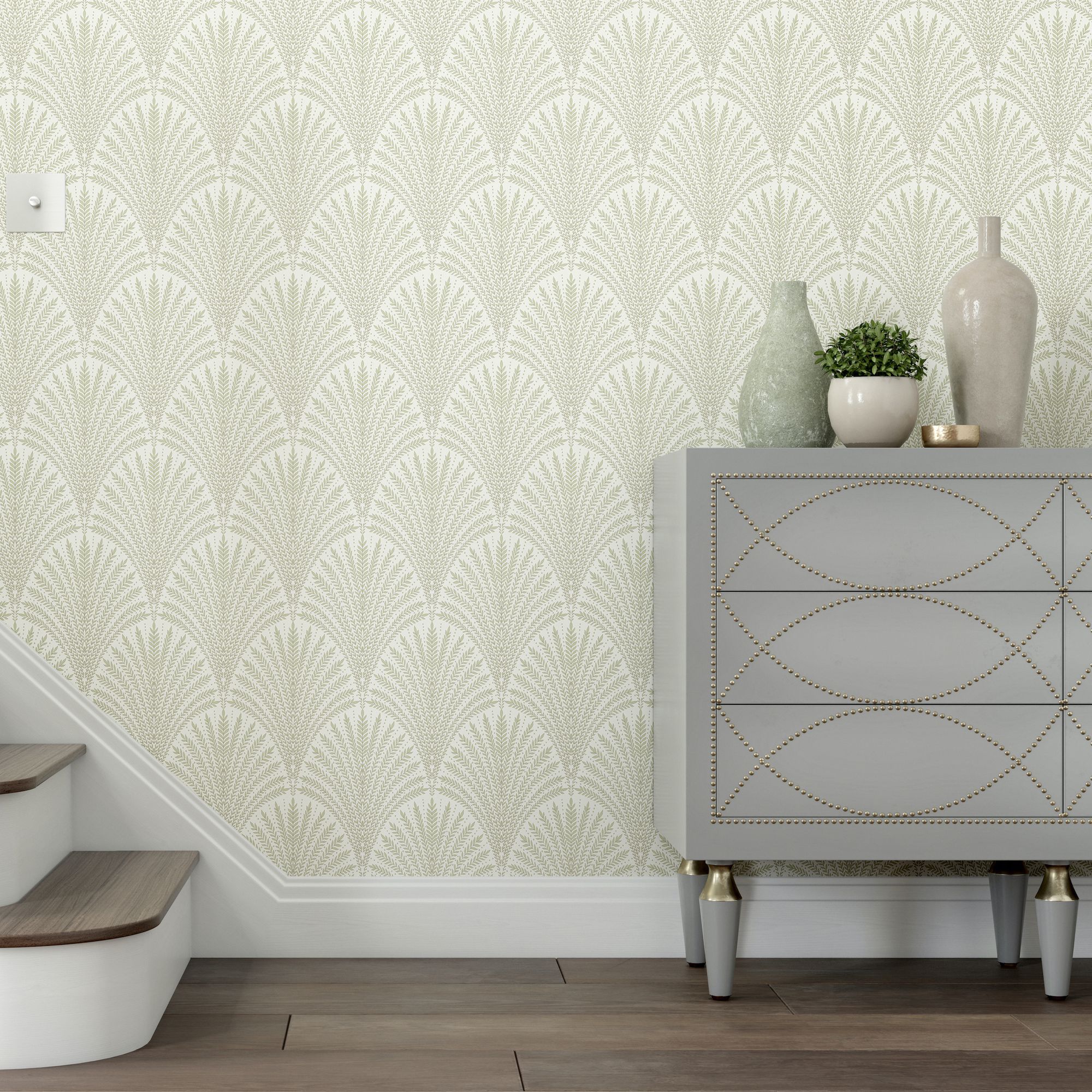 HWA1029W Leaf Fan Sage Green Wallpaper by Hoopla Walls