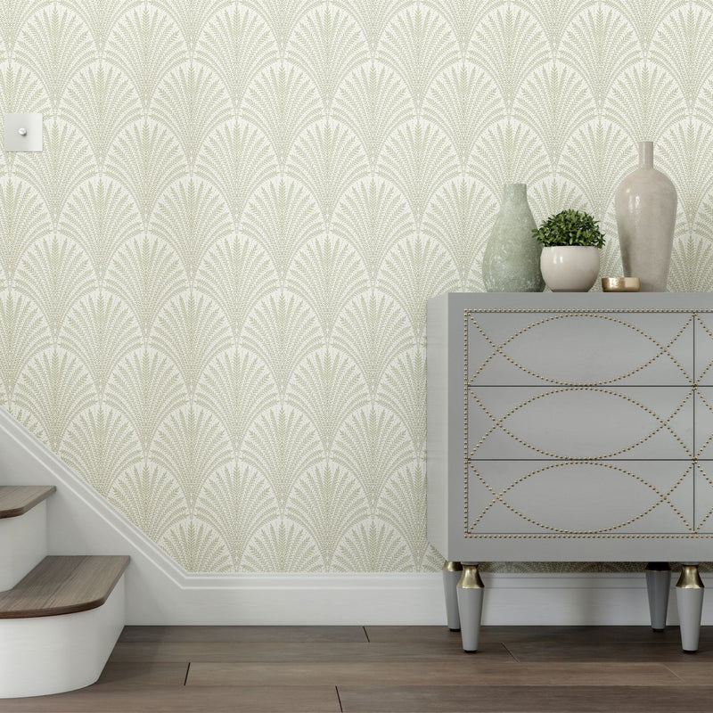 HWA1029W Leaf Fan Sage Green Wallpaper by Hoopla Walls