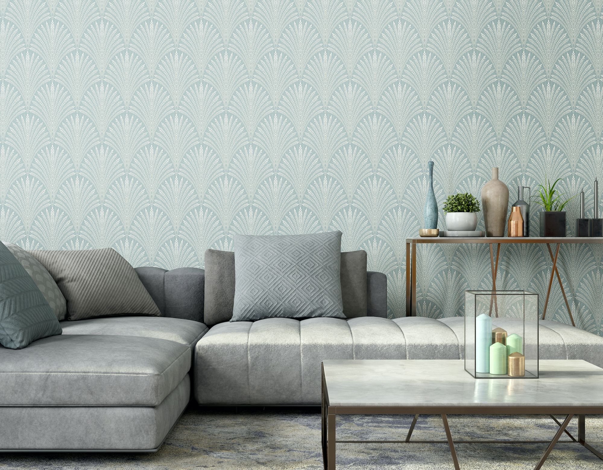 HWA1030W Leaf Fan Duck Egg Blue Wallpaper by Hoopla Walls