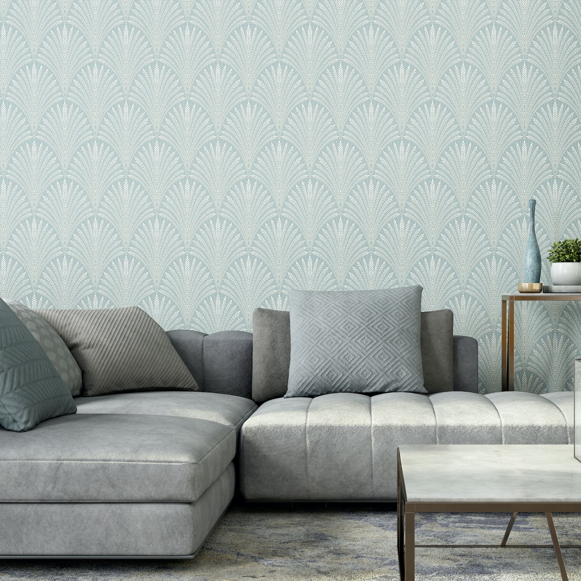 HWA1030W Leaf Fan Duck Egg Blue Wallpaper by Hoopla Walls