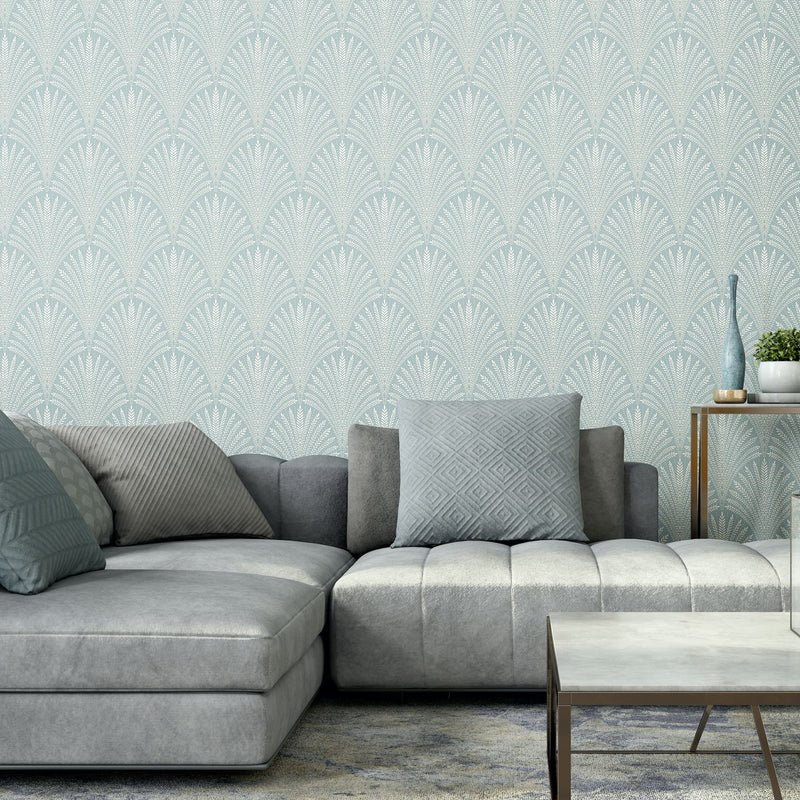 HWA1030W Leaf Fan Duck Egg Blue Wallpaper by Hoopla Walls