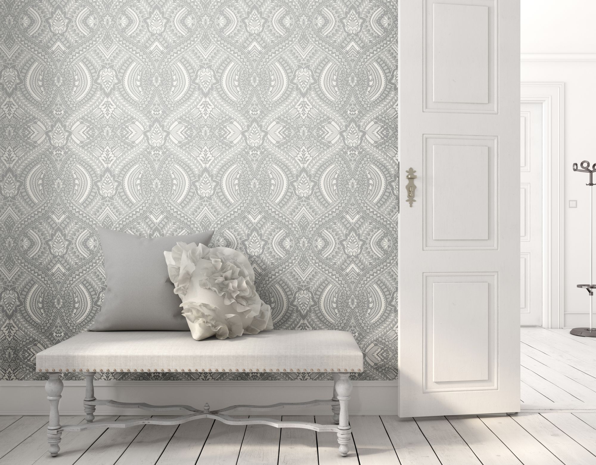 HWA1033W Ogee Damask Grey Wallpaper by Hoopla Walls