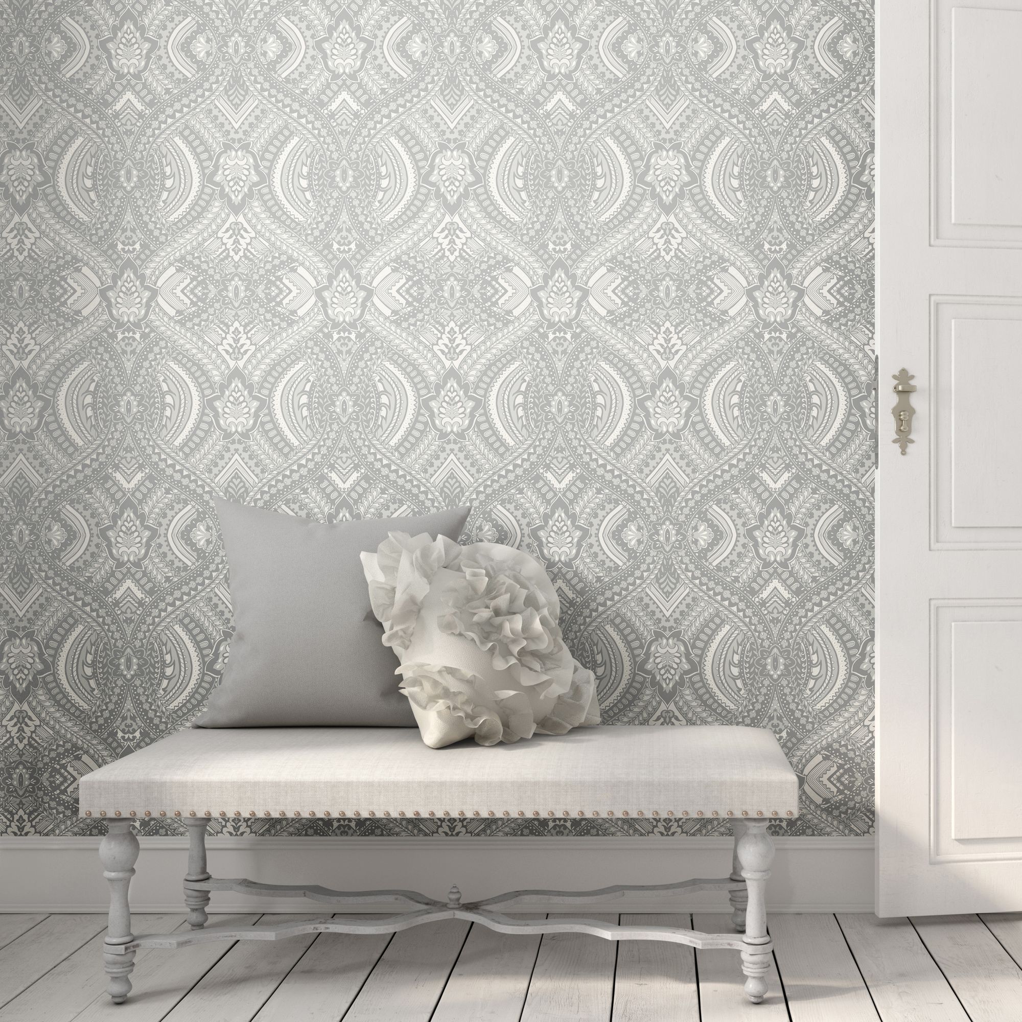 HWA1033W Ogee Damask Grey Wallpaper by Hoopla Walls